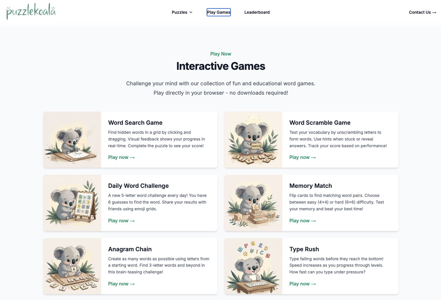 Puzzle Koala interactive games overview showing six word games including Word Search, Scramble, and Memory Match