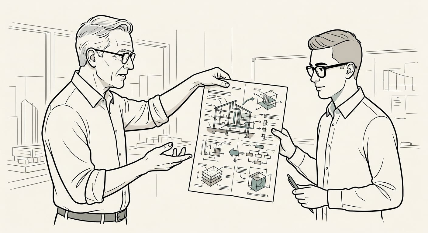 A senior engineer briefing a junior with detailed architecture notes, discipline not chaos