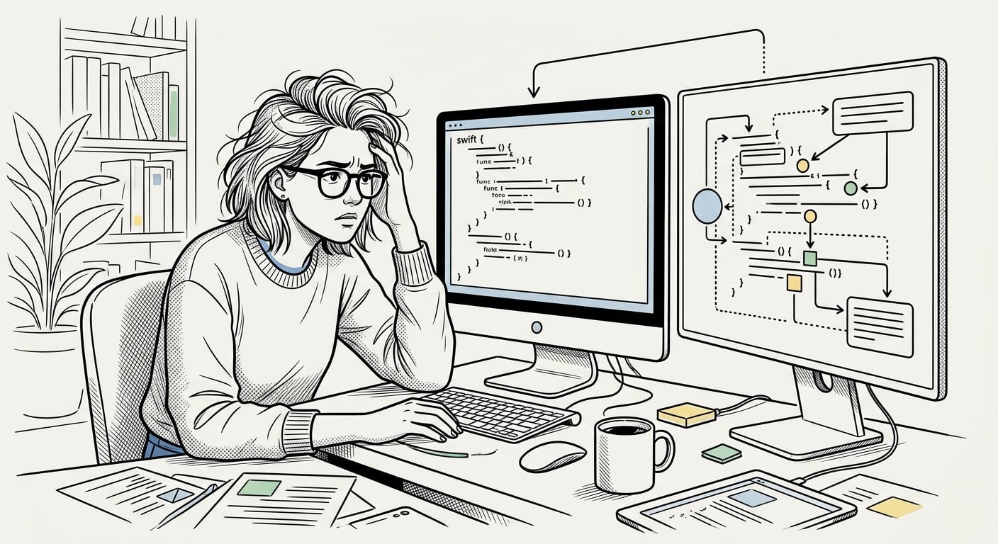 Developer learning iOS with AI assistant explaining Swift code patterns