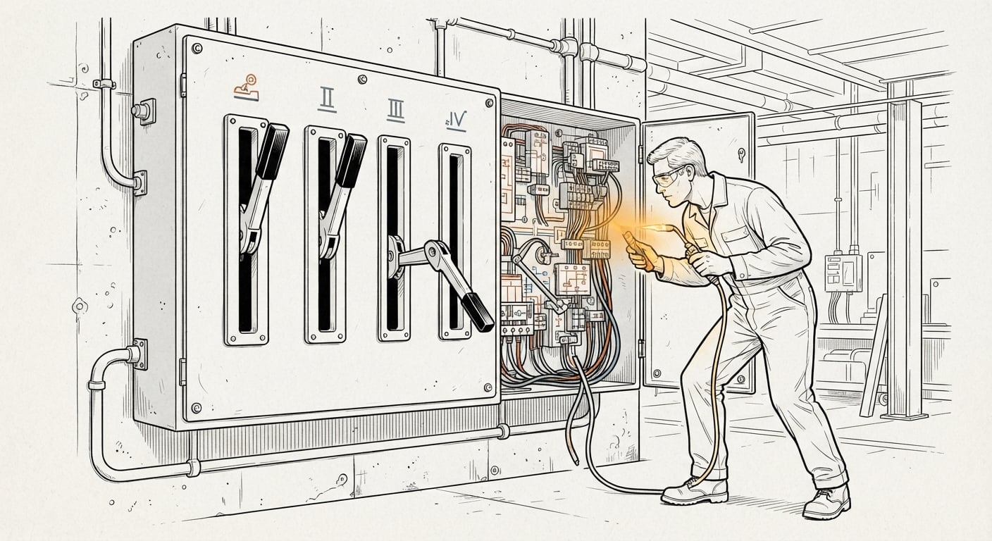 A control panel where one labelled lever is disconnected from the machine behind it while a technician inspects the wiring