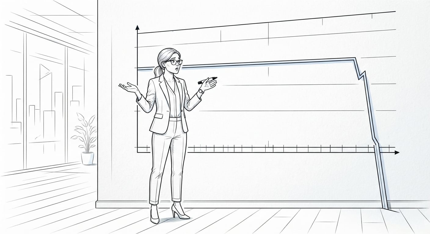 Analyst pointing at a line chart that falls off a cliff