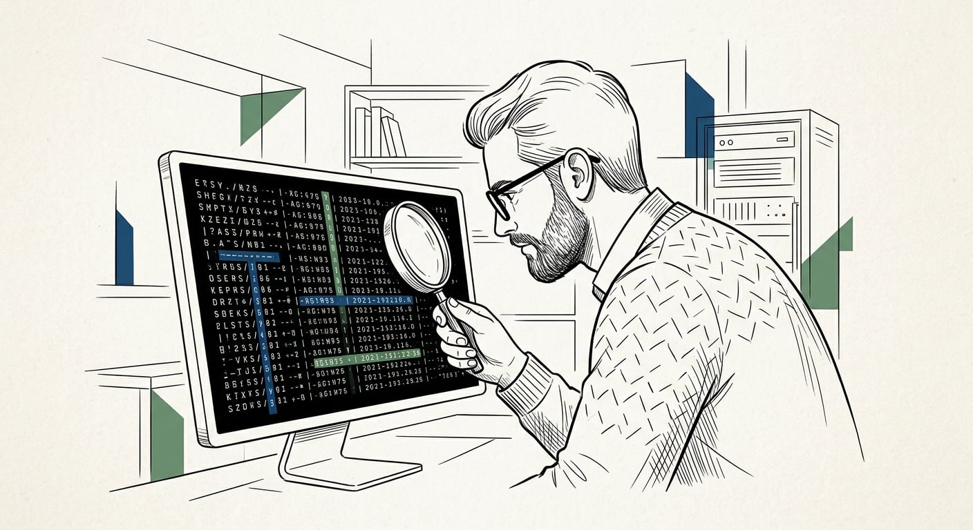 Developer analyzing server access logs to detect AI crawler bot traffic