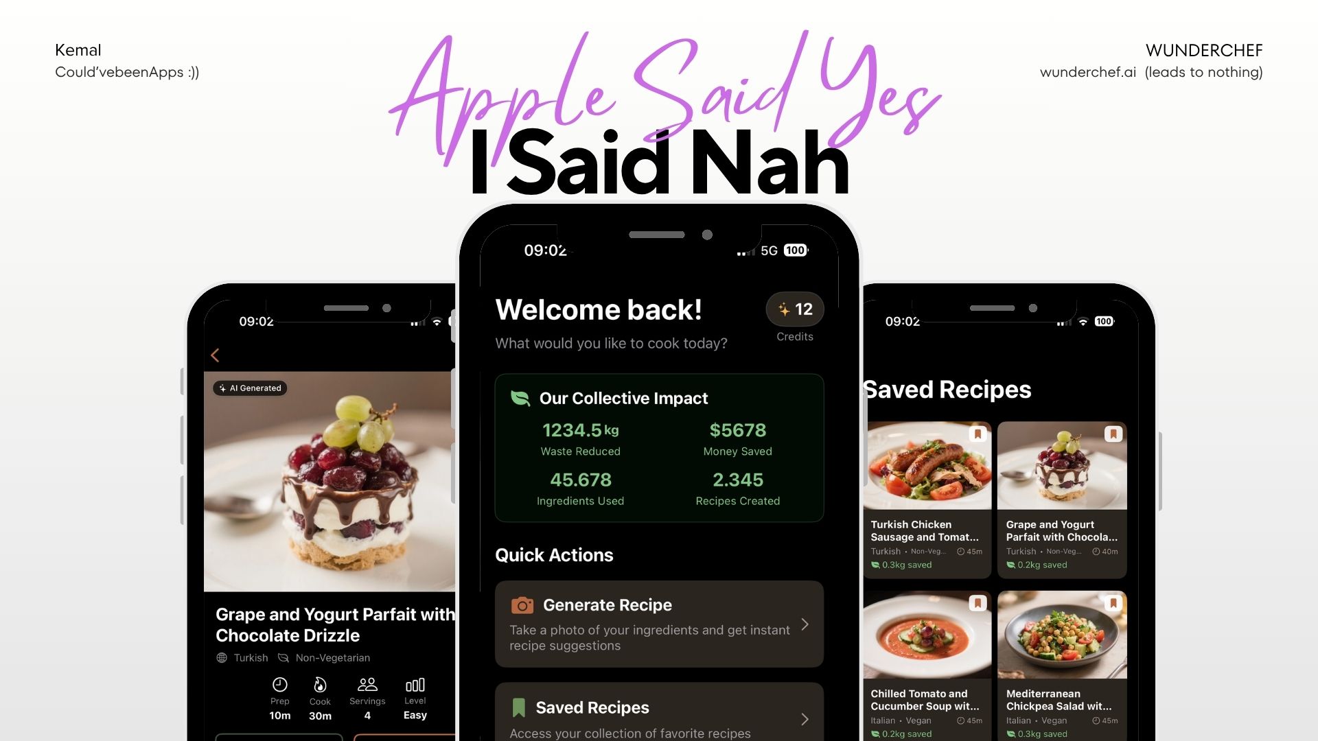 WunderChef app mockup showing home screen, saved recipes, and recipe detail