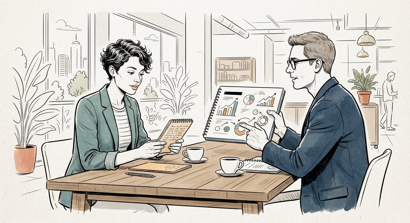 A business owner asking a GEO vendor questions from a handwritten list