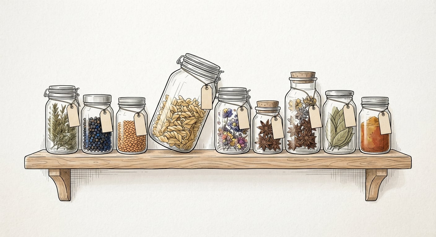 Line art of nine jars on a shelf with price tags, one much larger than the others