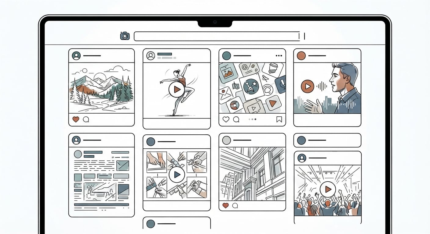 Search results page filled with social posts and video thumbnails