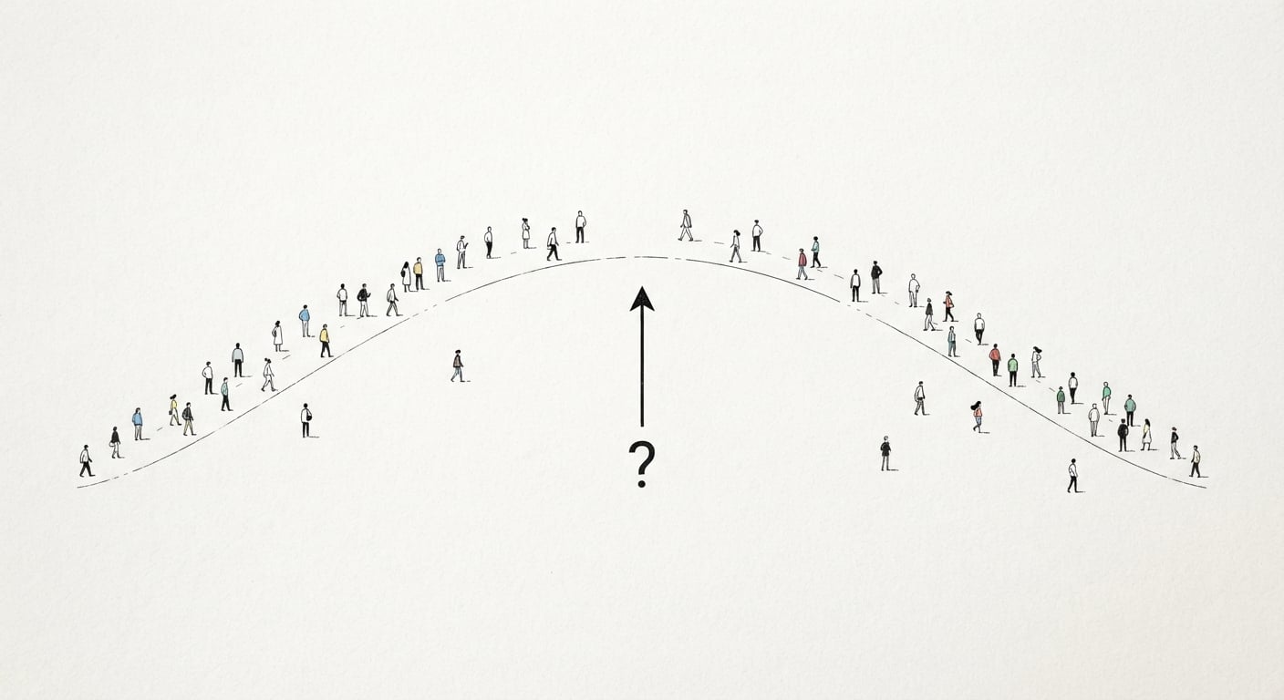 Figures spread across a wide distribution with an arrow pointing at the empty middle