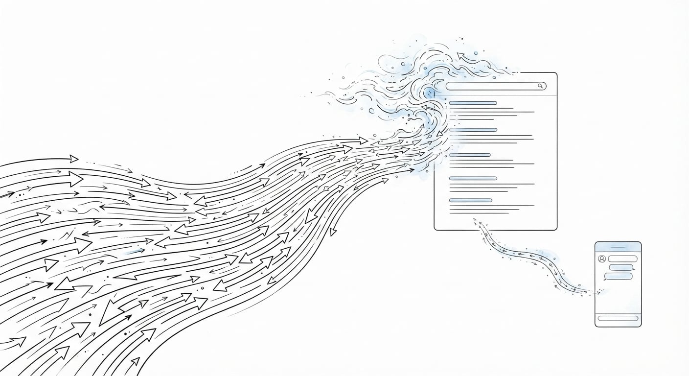 A river of traffic evaporating at the search page while only a thin trickle reaches a chatbot window