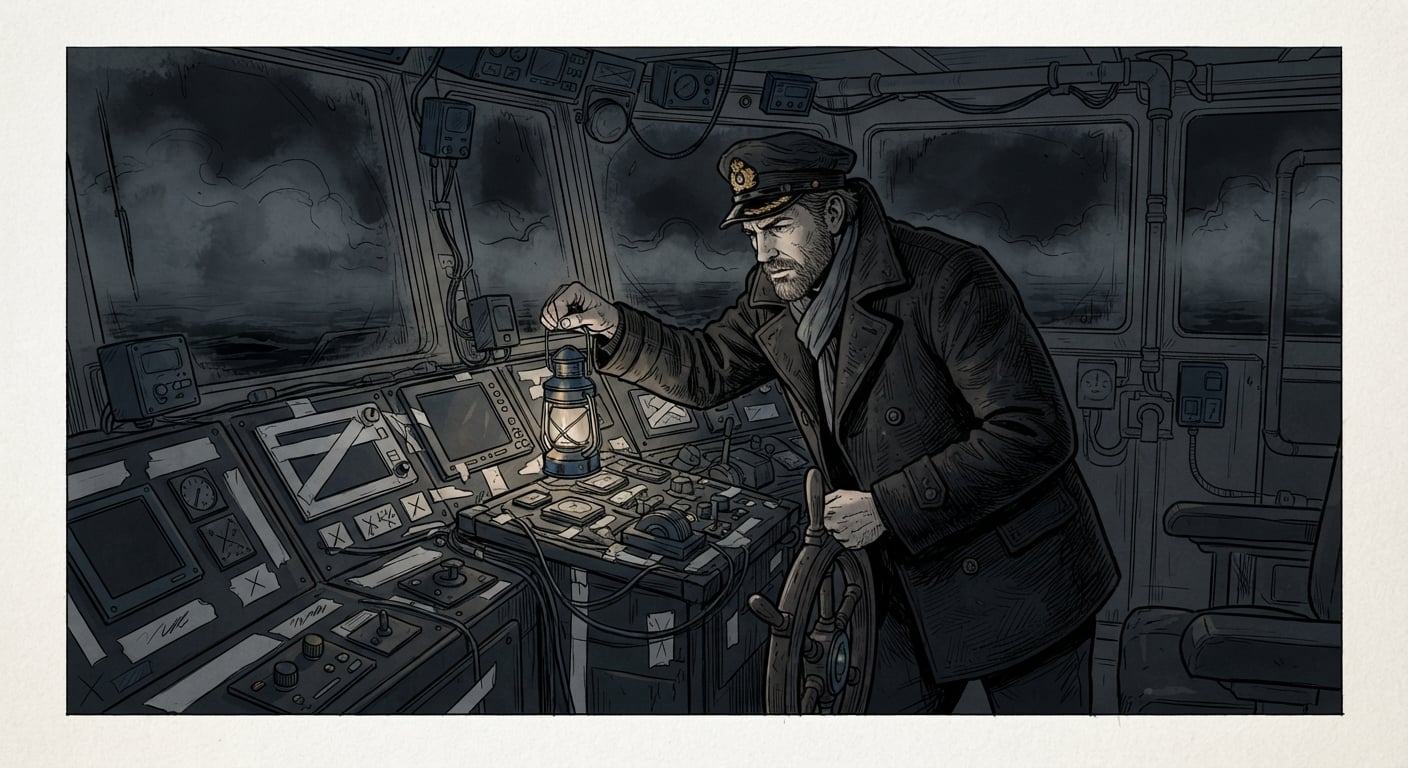 Captain steering blind through fog with blank instruments, like running a website with gutted analytics