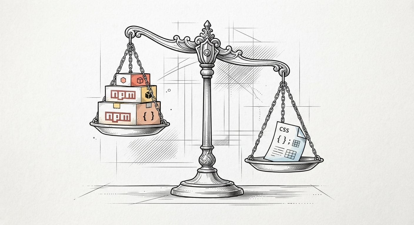 Line art of a balance scale weighing three JavaScript packages against a small sheet of CSS