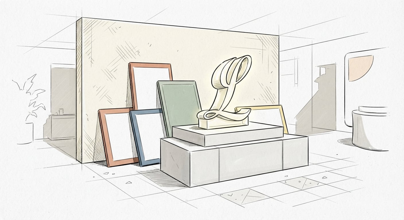 Discarded homepage carousel slides stacked against a wall beside a single clear headline