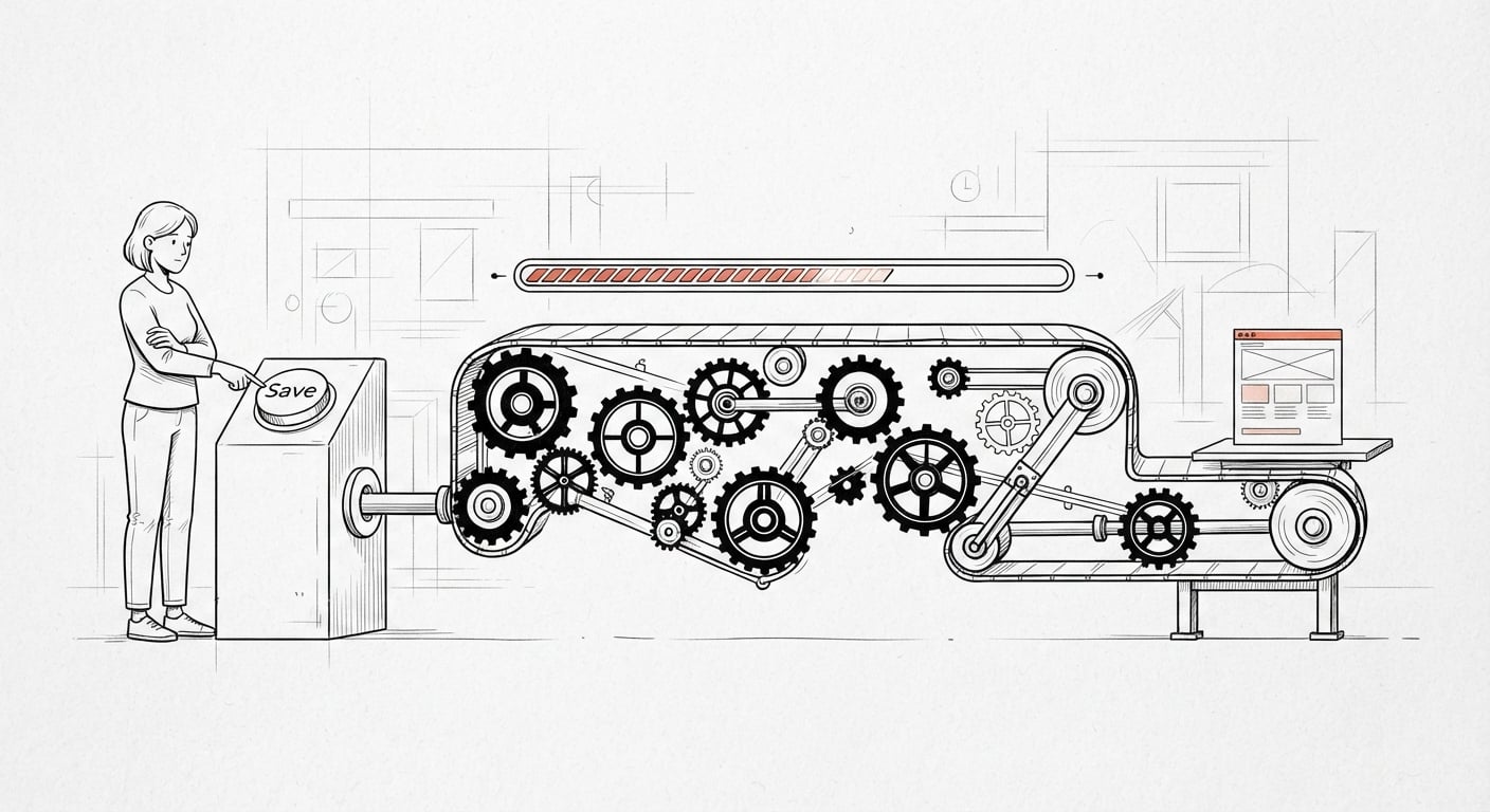 A save button feeding into a slow build pipeline before the page goes live
