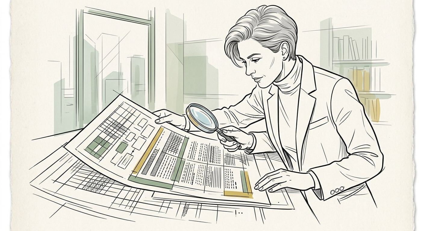 A business owner carefully reviewing a consultant contract with a magnifying glass