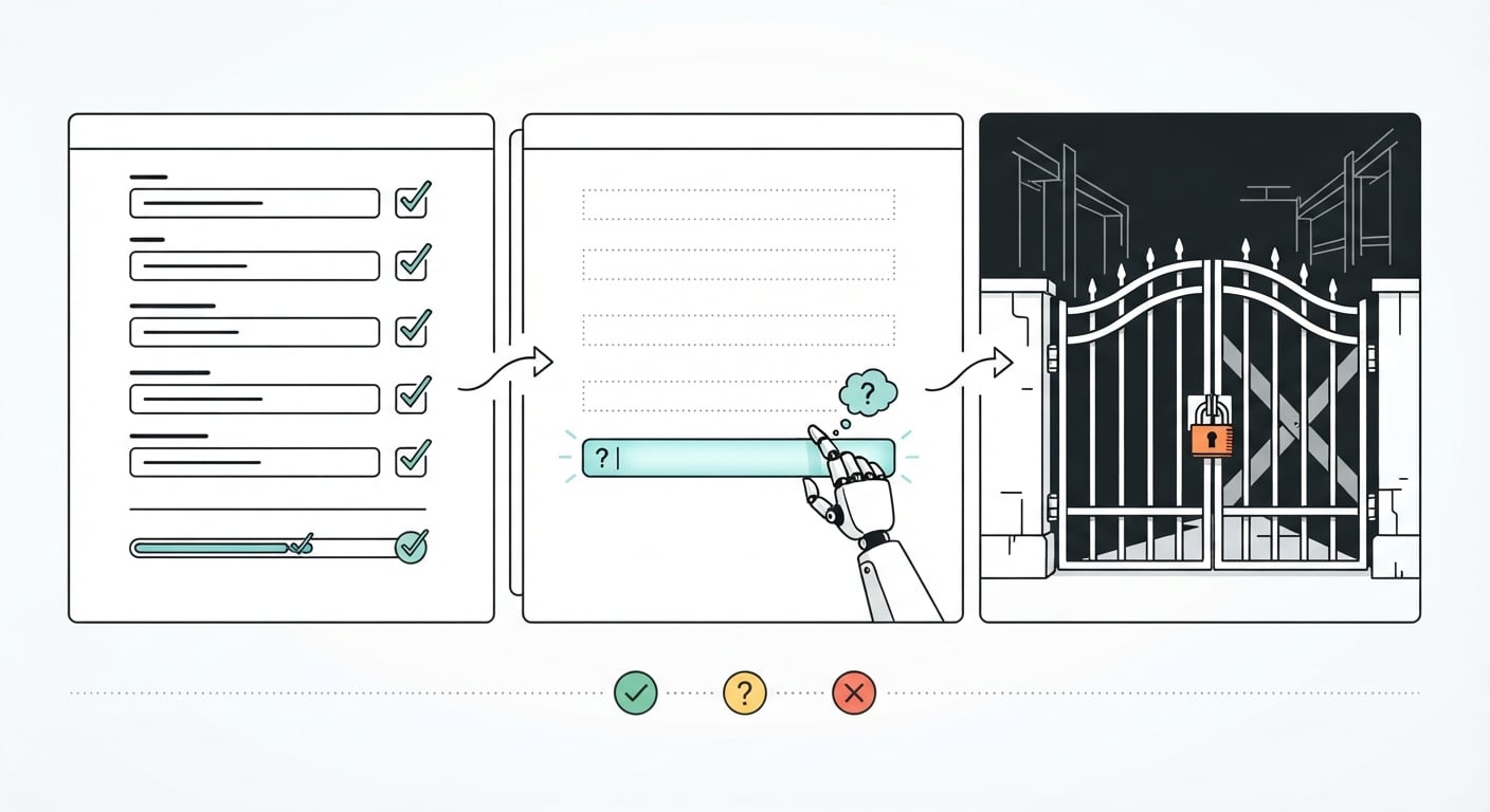 Line drawing of a three-step form wizard where a robot hand is stuck at a hidden field and a gate blocks the final step