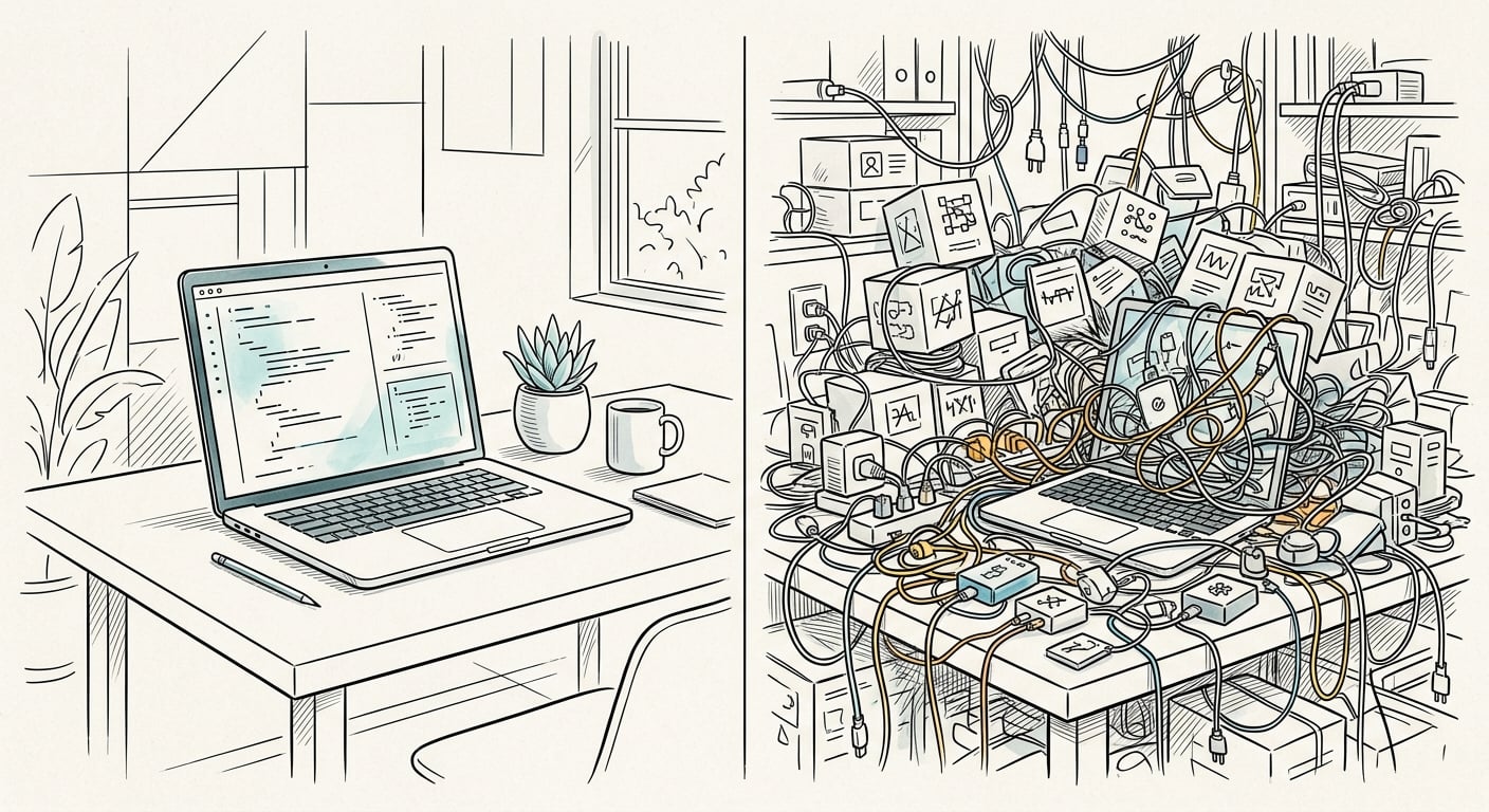 Clean minimal code setup versus cluttered WordPress plugin overload comparison