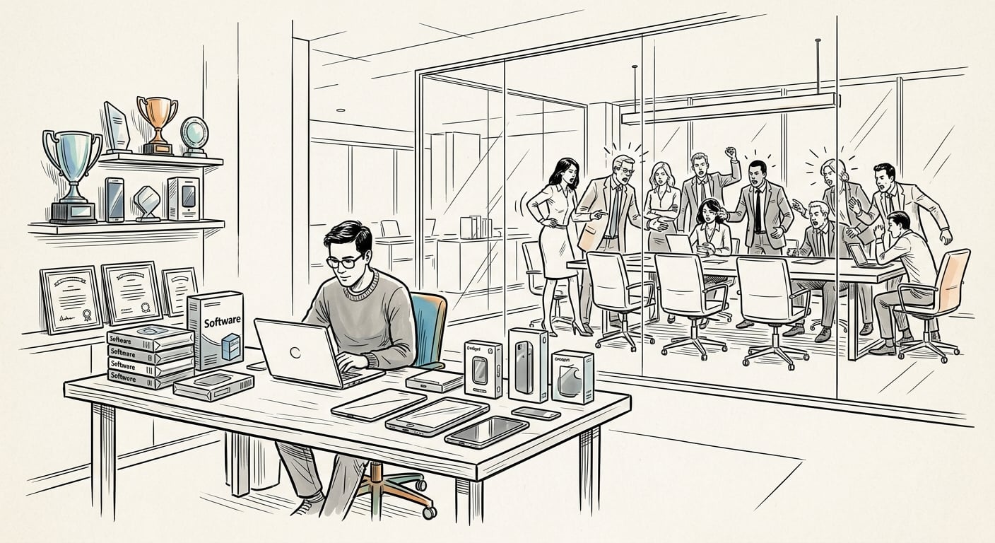 Solo developer shipping successful products while a large team argues in a meeting room