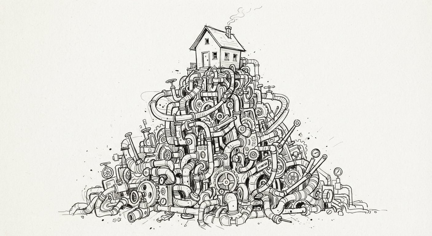 Line art of a tiny house perched on an oversized tangle of machinery