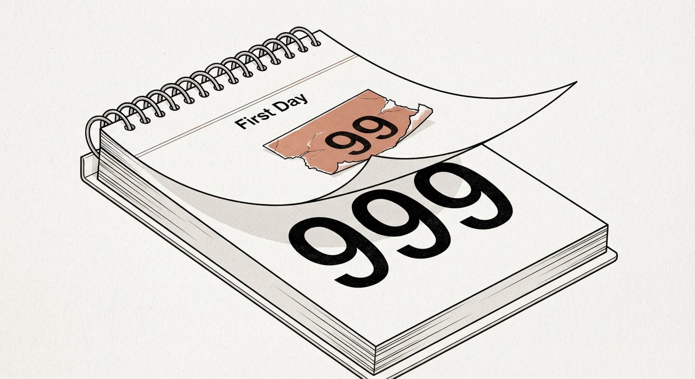 Line art of a calendar page turning to reveal a higher renewal price hidden under a discount sticker