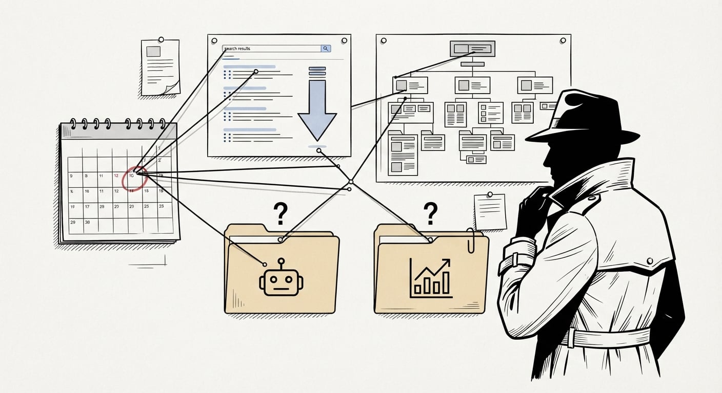 Diagnosing whether a traffic drop is a ranking problem or an AI Overview problem, detective evidence wall