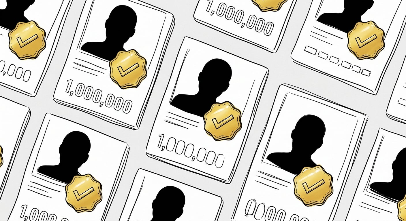 Profile cards with gold verified badges and high follower counts but blank faces, showing manufactured authority