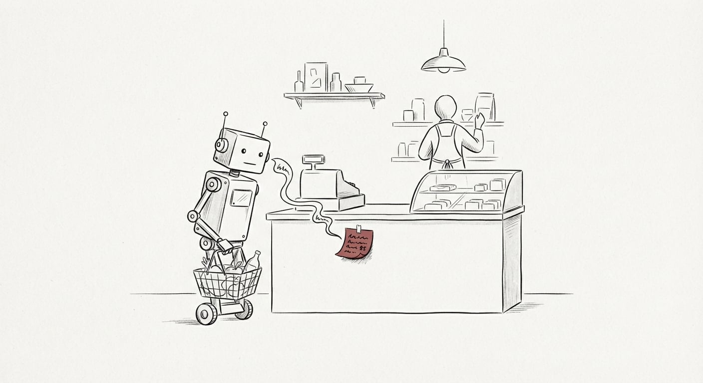 A hidden note on a shop counter whispering instructions to a robot holding a basket