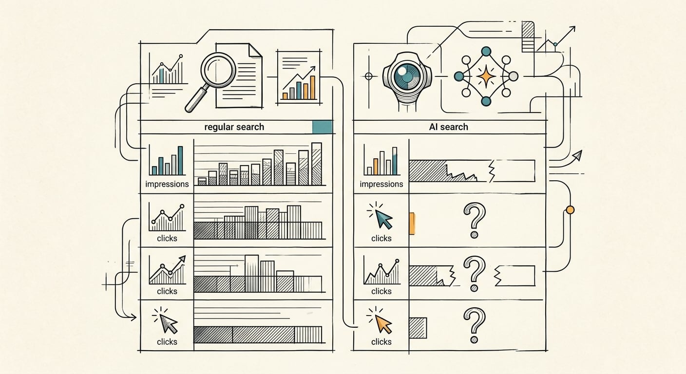 Search Console report comparing regular search data versus incomplete AI search impressions data
