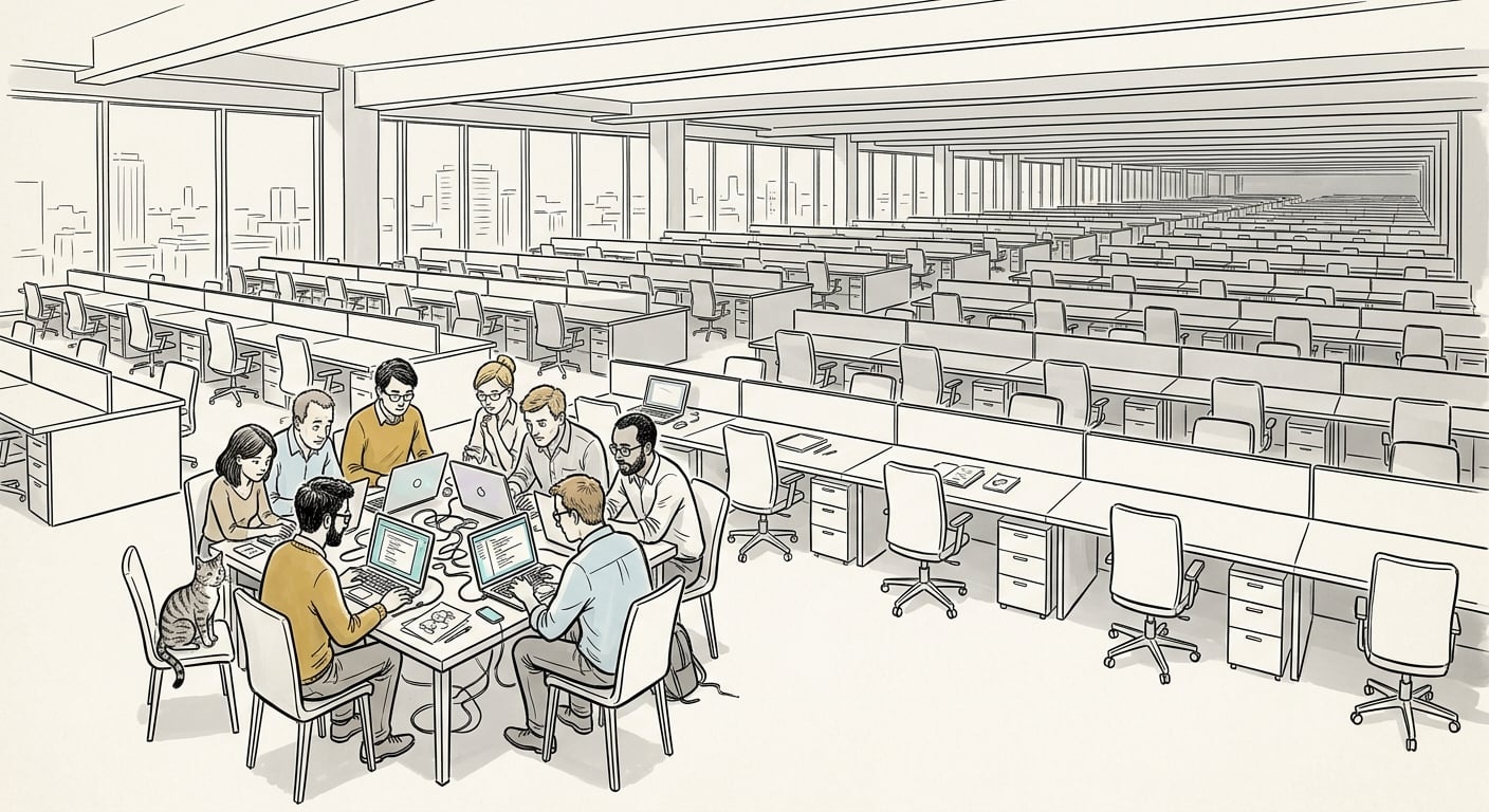 Small team of 8 people and a cat building software while a huge corporate office sits empty in the background