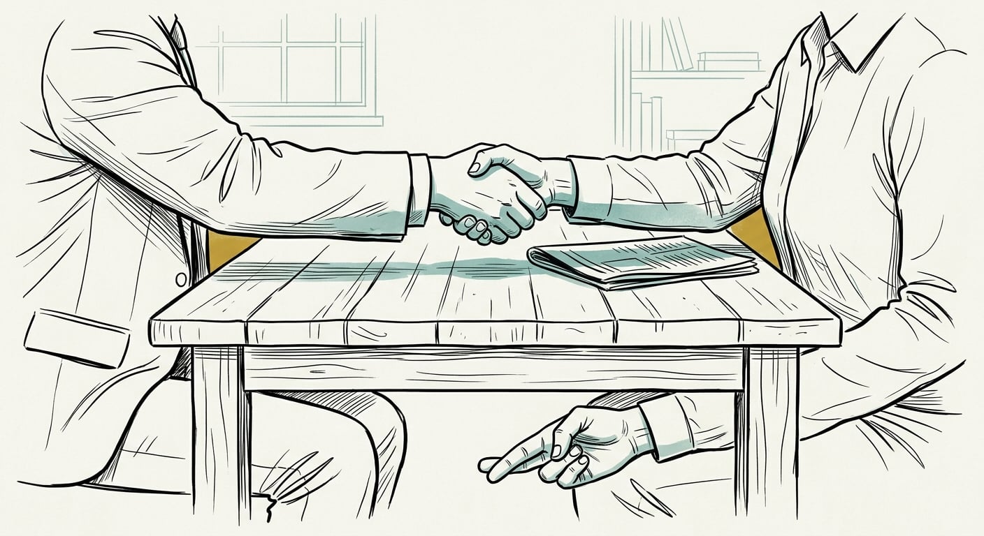 The trap of guaranteed SEO rankings with crossed fingers behind the handshake