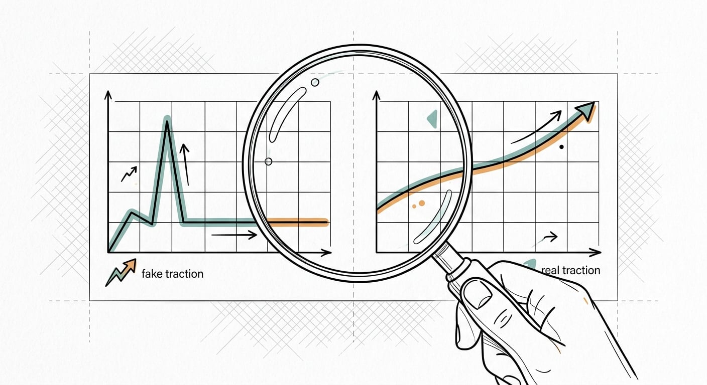 A magnifying glass comparing a spike-then-flatline graph against a steady retention curve, how to spot real traction