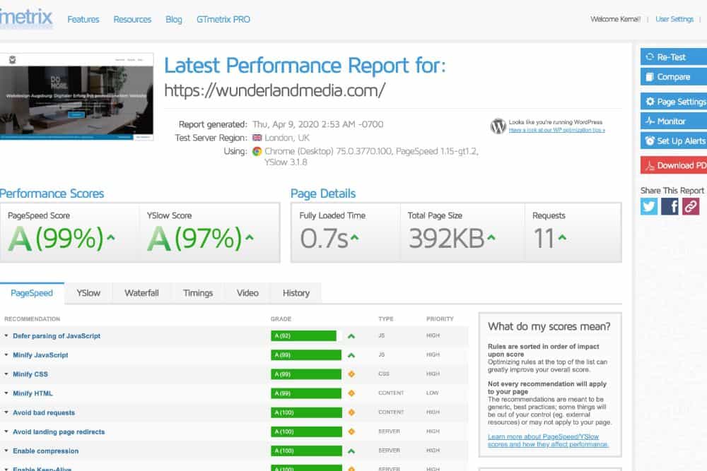 gtmetrix best score website loading time