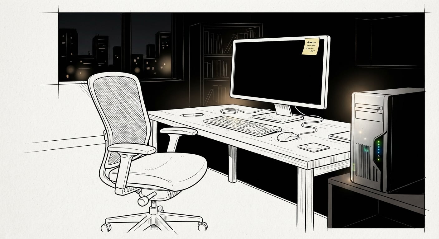 An empty chair beside a still-running server with one sticky note left on the monitor