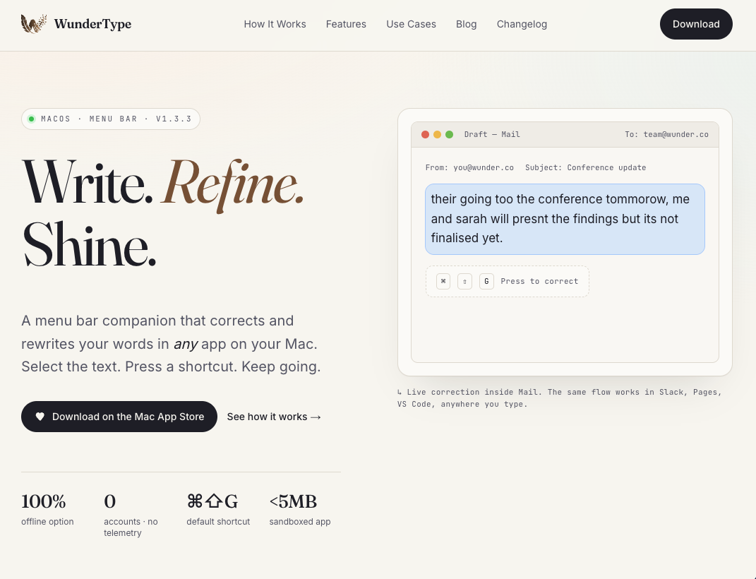 WunderType redesigned hero section showing Write Refine Shine