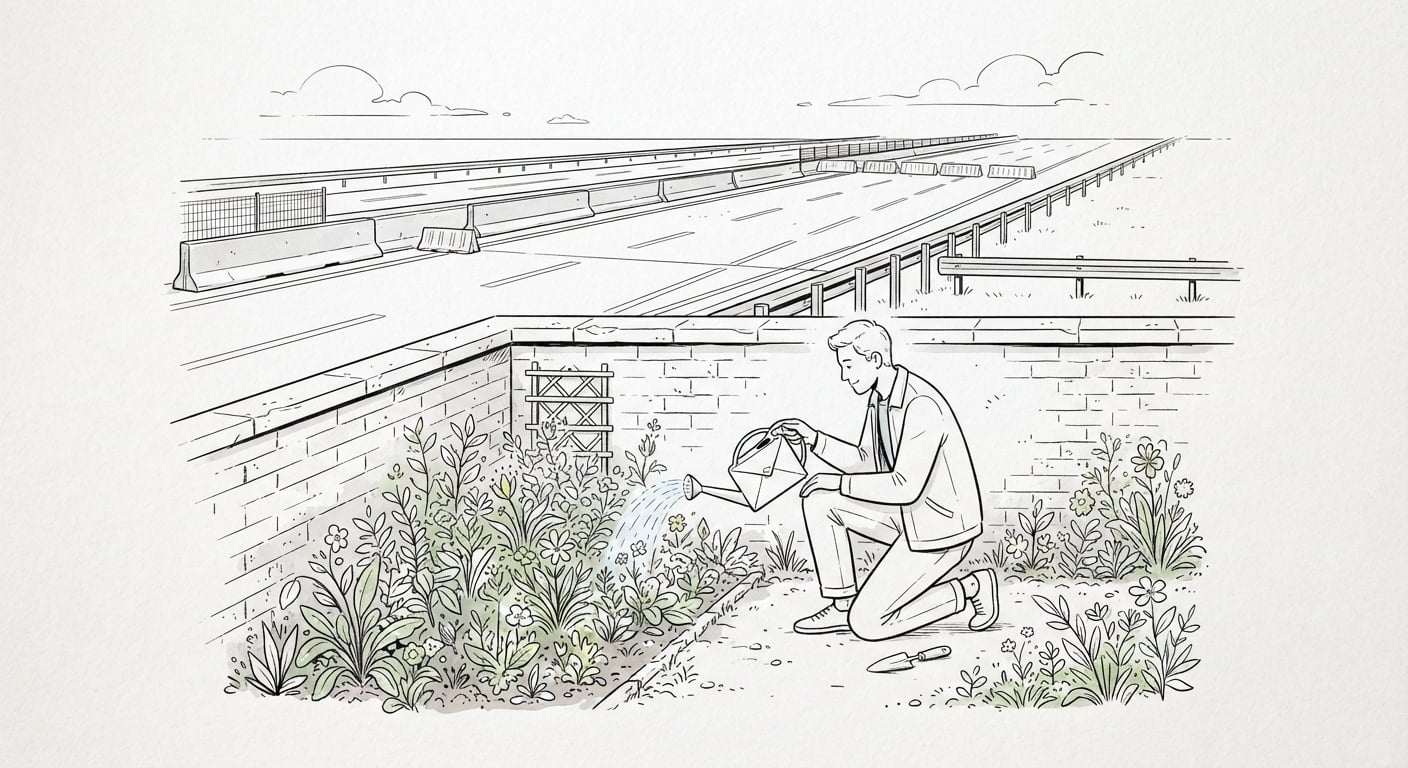 A person tending a small walled garden with an envelope-shaped watering can beside a closed empty highway