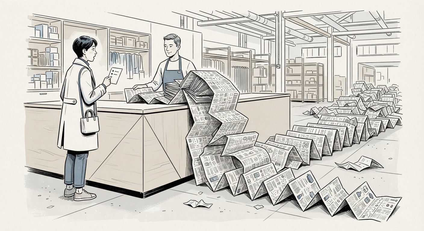 A clerk handing over a huge catalogue when only two items were requested, illustrating full tool schemas sent on every turn