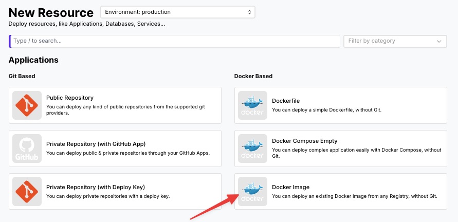 Coolify New Resource: Docker Image option