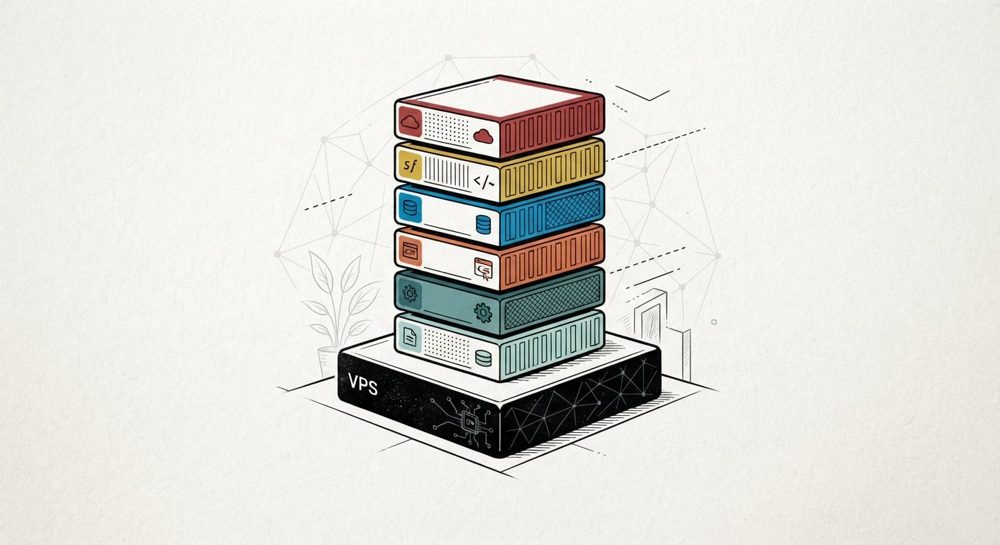 Line drawing of Docker containers stacked on a single VPS box