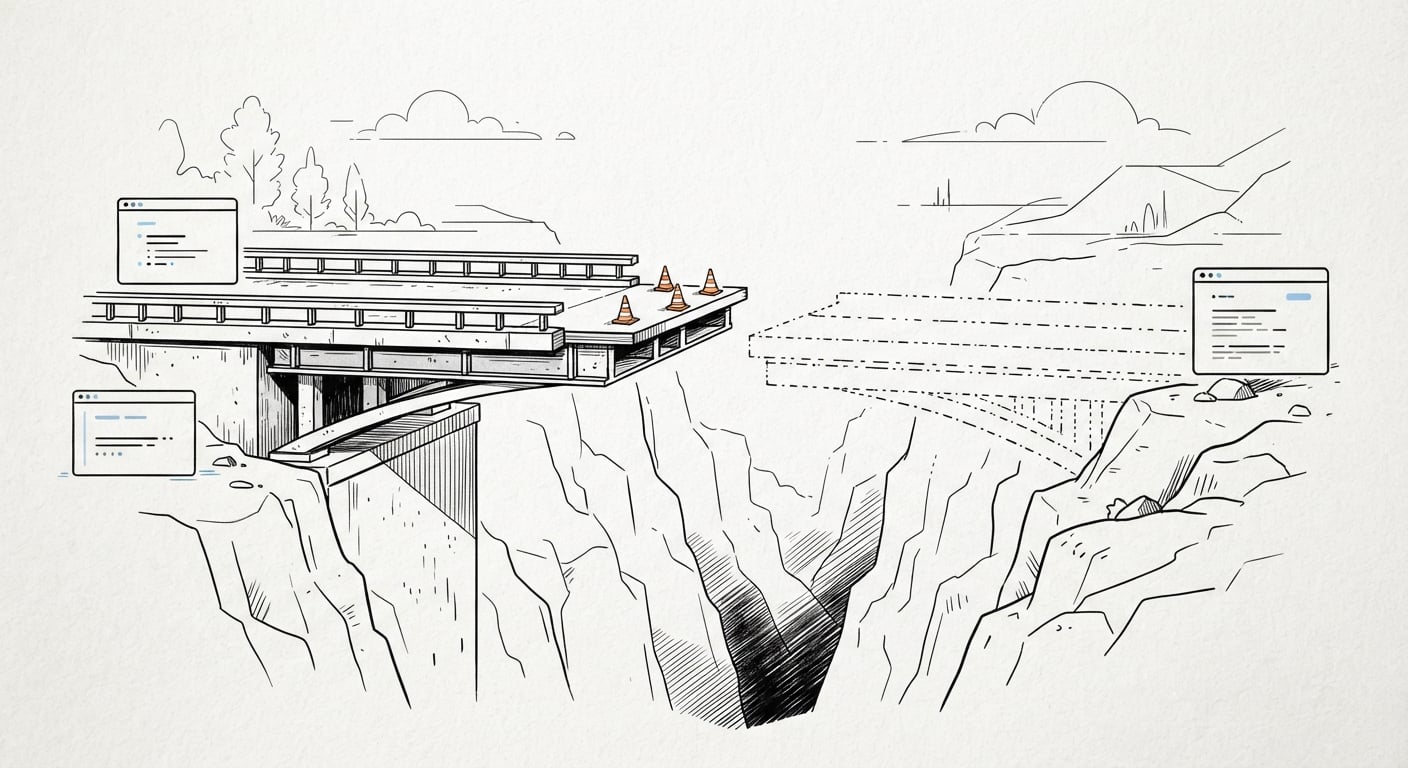 Line art of a half-finished bridge with warning cones, standing for incomplete browser support