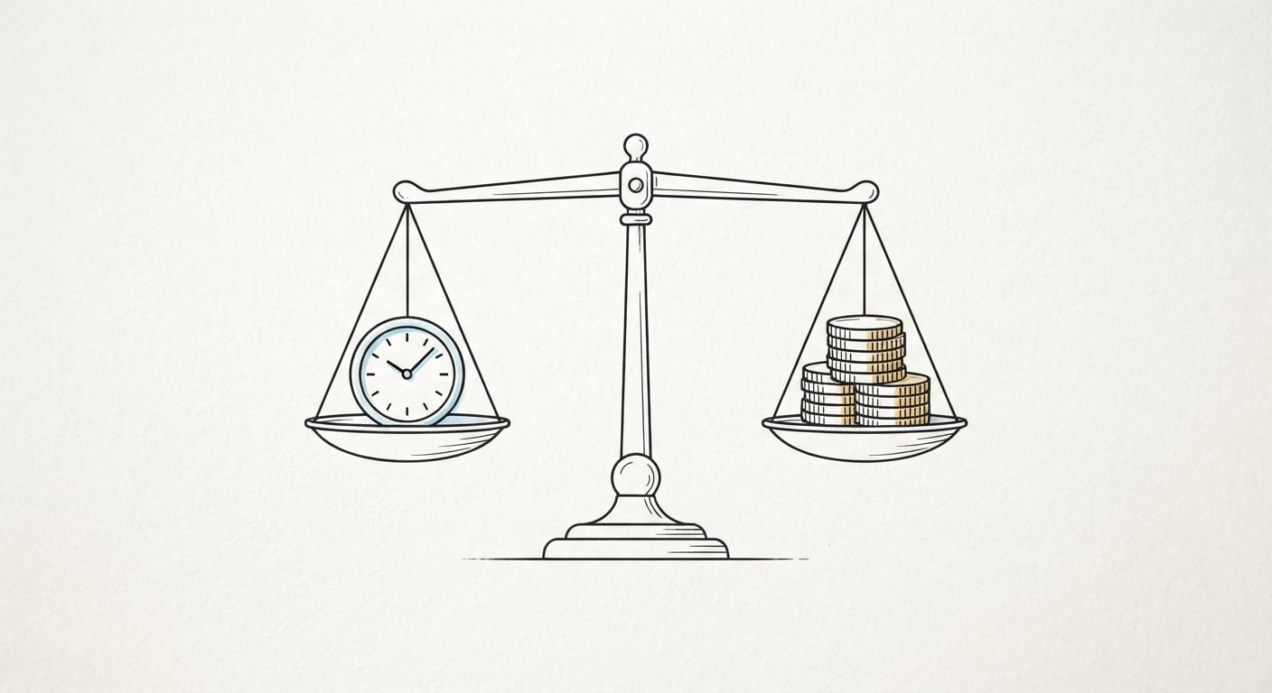 Line drawing of a scale weighing maintenance hours against saved money