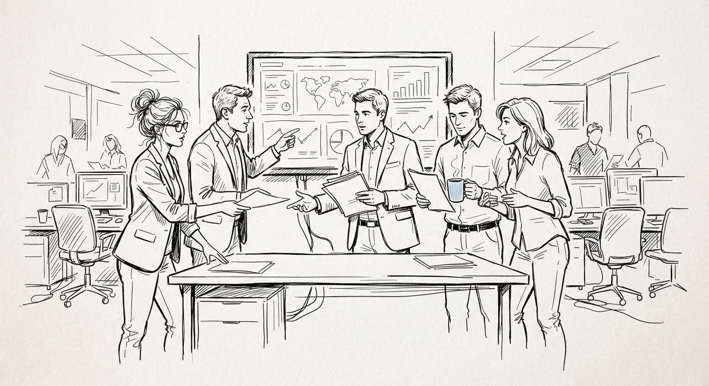 Line art of a six-person editorial team working around one shared screen