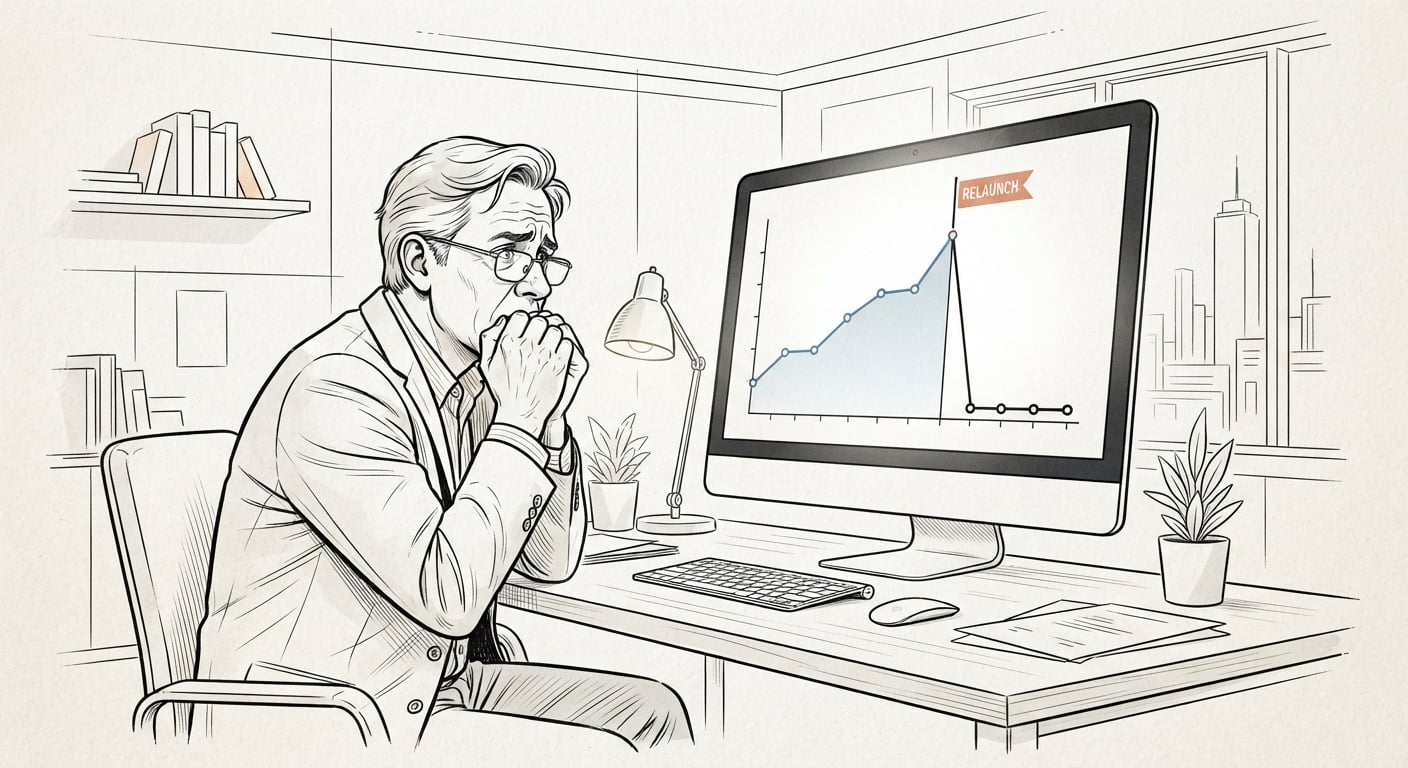 Website traffic graph dropping off a cliff after a redesign relaunch while the owner watches worried