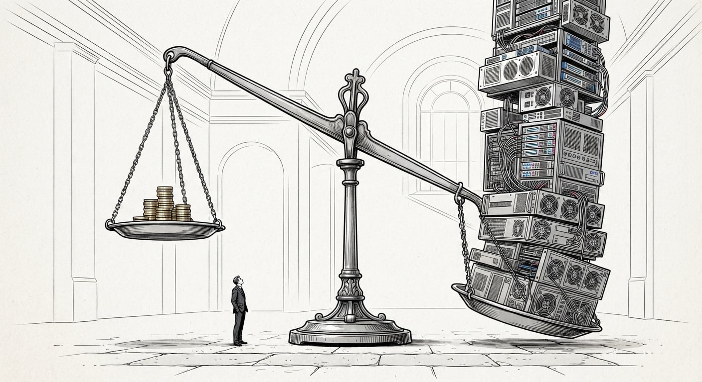 A balance scale with a small stack of coins outweighed by a towering stack of servers