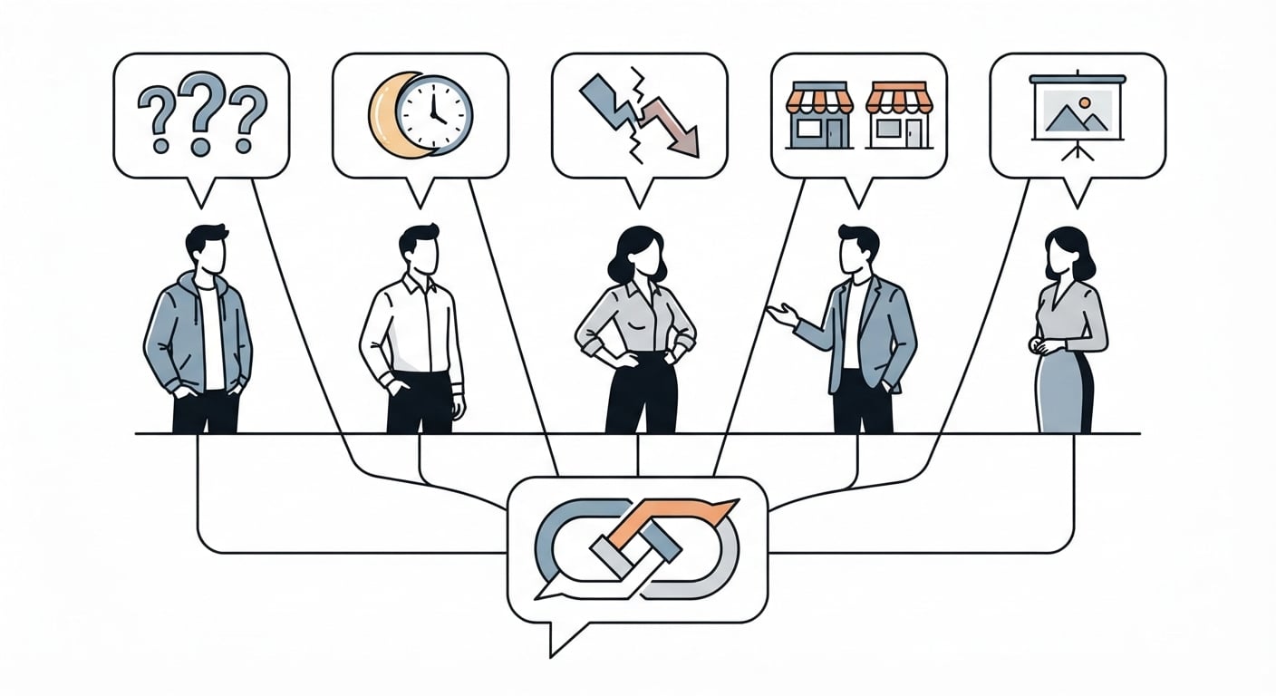 Five different business problems all funnelling into the same request for a chatbot