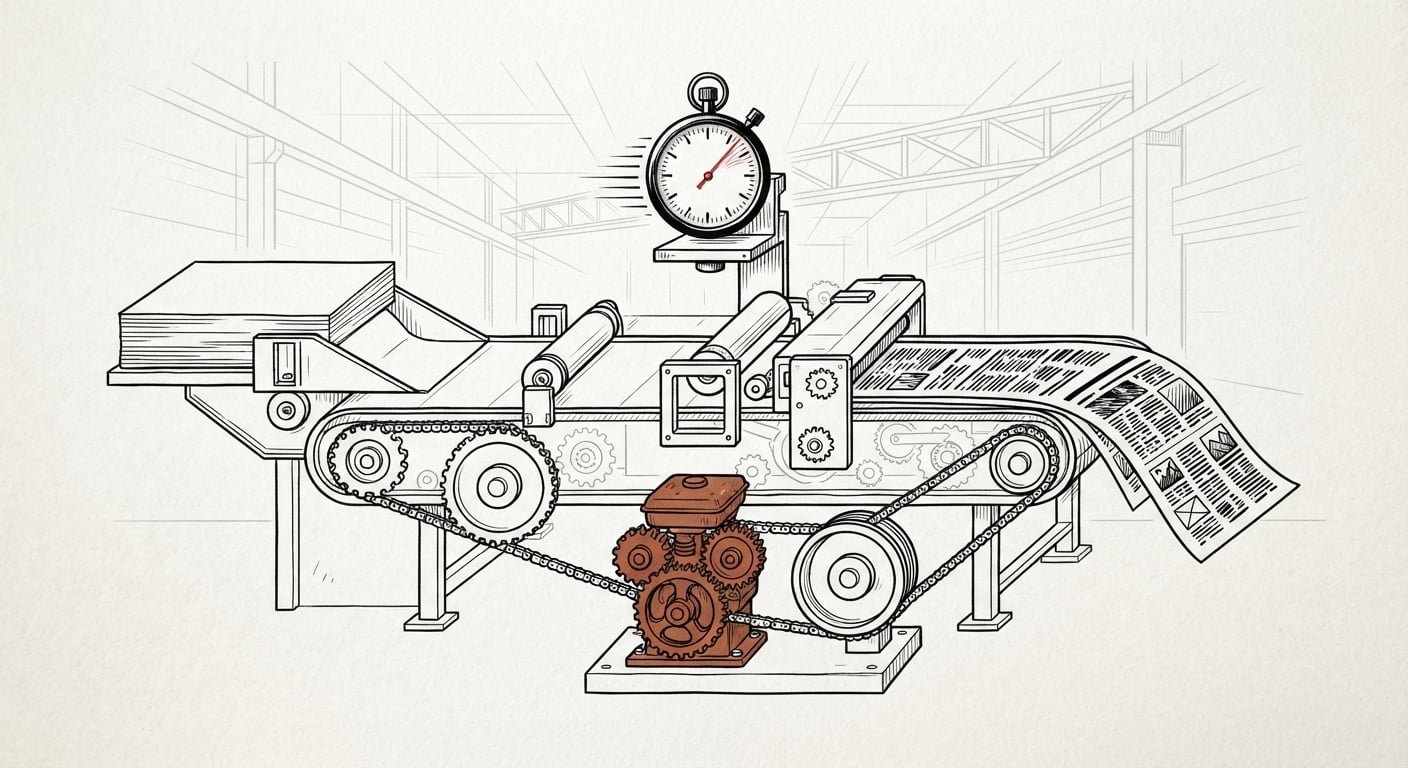 Line art of a build pipeline conveyor belt turning source files into finished pages fast
