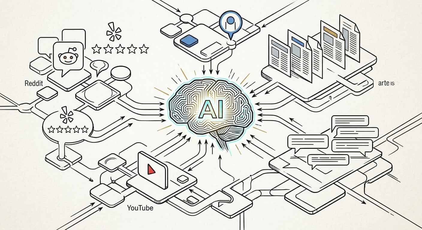 Sources that feed AI search results about your brand including Reddit forums and review sites