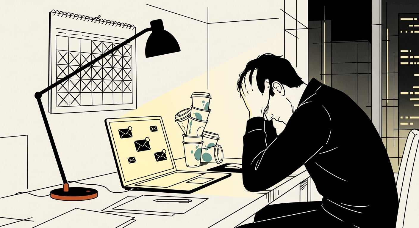 Burned out freelancer working alone late at night surrounded by coffee cups and unread messages
