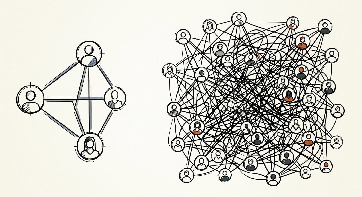Communication channels comparison showing 3 lines for a small team versus 1225 tangled lines for a team of 50