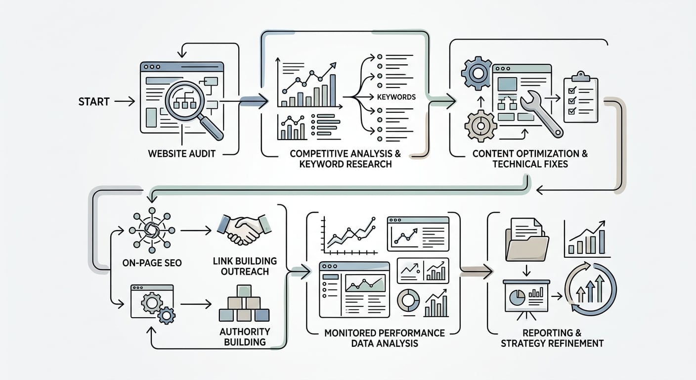 A structured SEO process flowchart showing transparent workflow steps