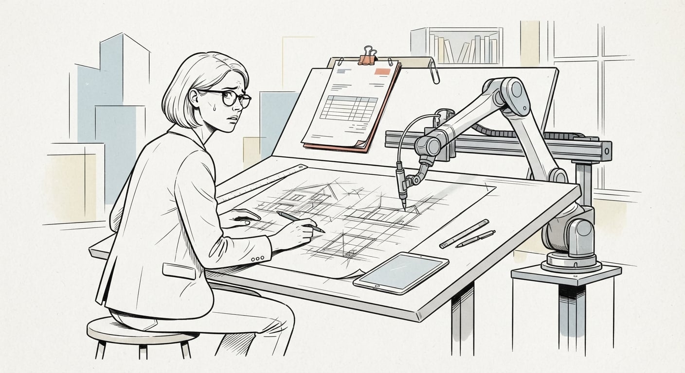 A designer working beside a robot arm while the invoice on the board stays the same