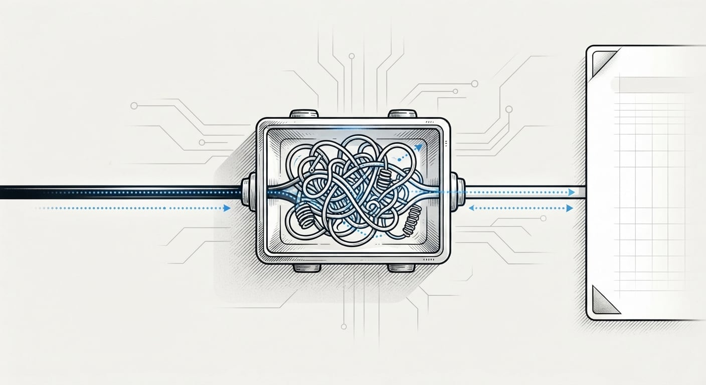 A click passing through a sealed redirect box where the destination is scrambled