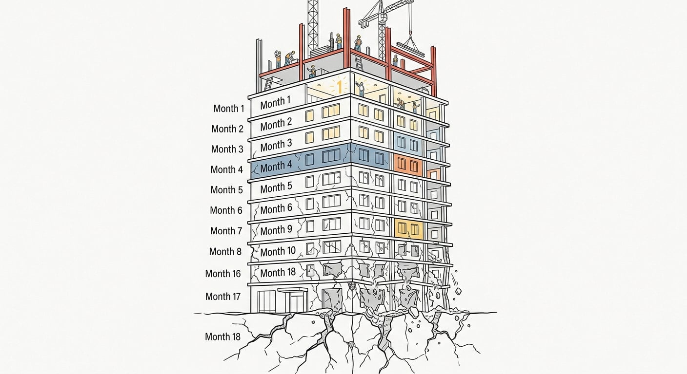 Building with cracking foundation representing the 18-month wall of AI code deterioration